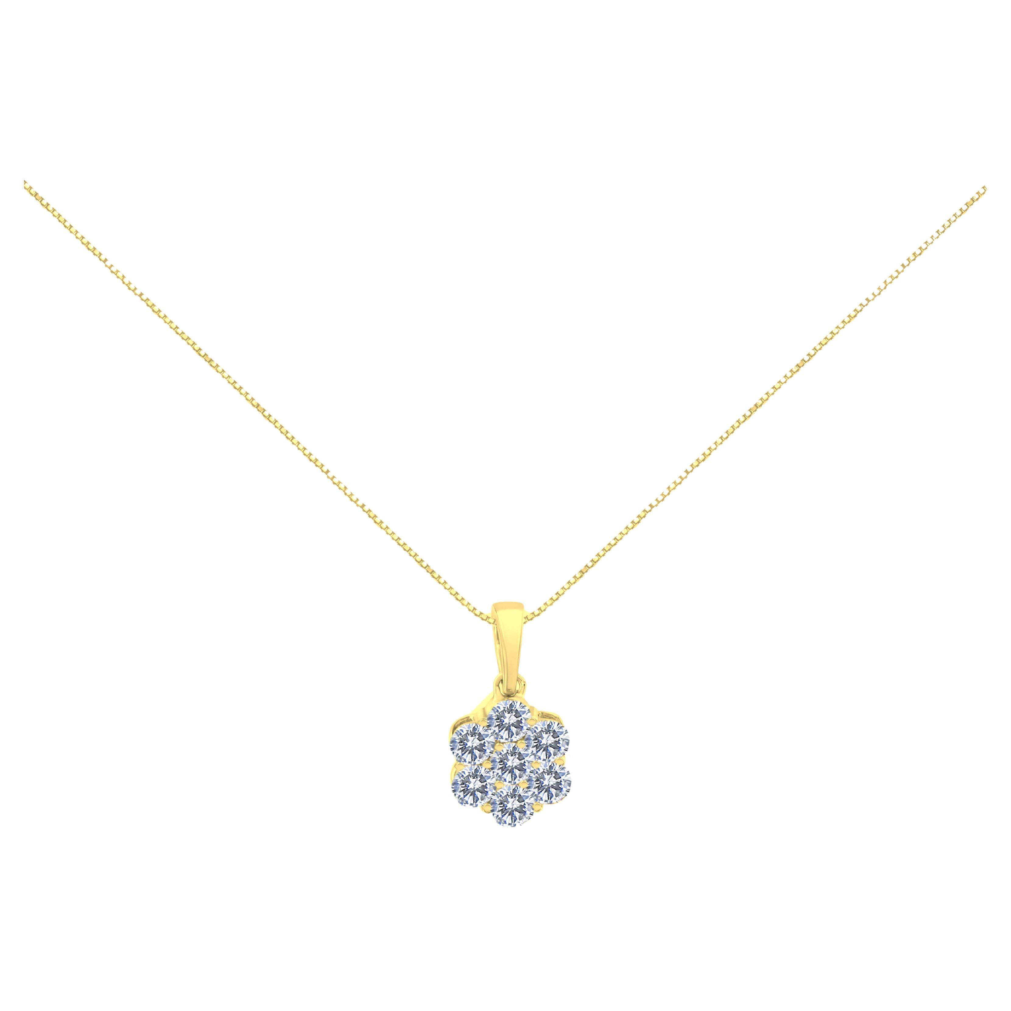 14K Yellow Gold 1.00 Carat Diamond 7 Stone Floral Cluster Pendant Necklace