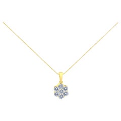 14K Yellow Gold 1.00 Carat Diamond 7 Stone Floral Cluster Pendant Necklace