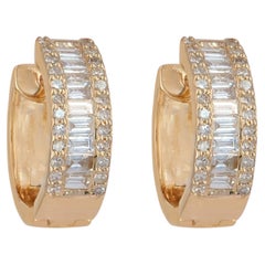 14K Yellow Gold 1.00 Ct Baguette & Pavé Diamond Three-Row Huggie Hoop Earrings