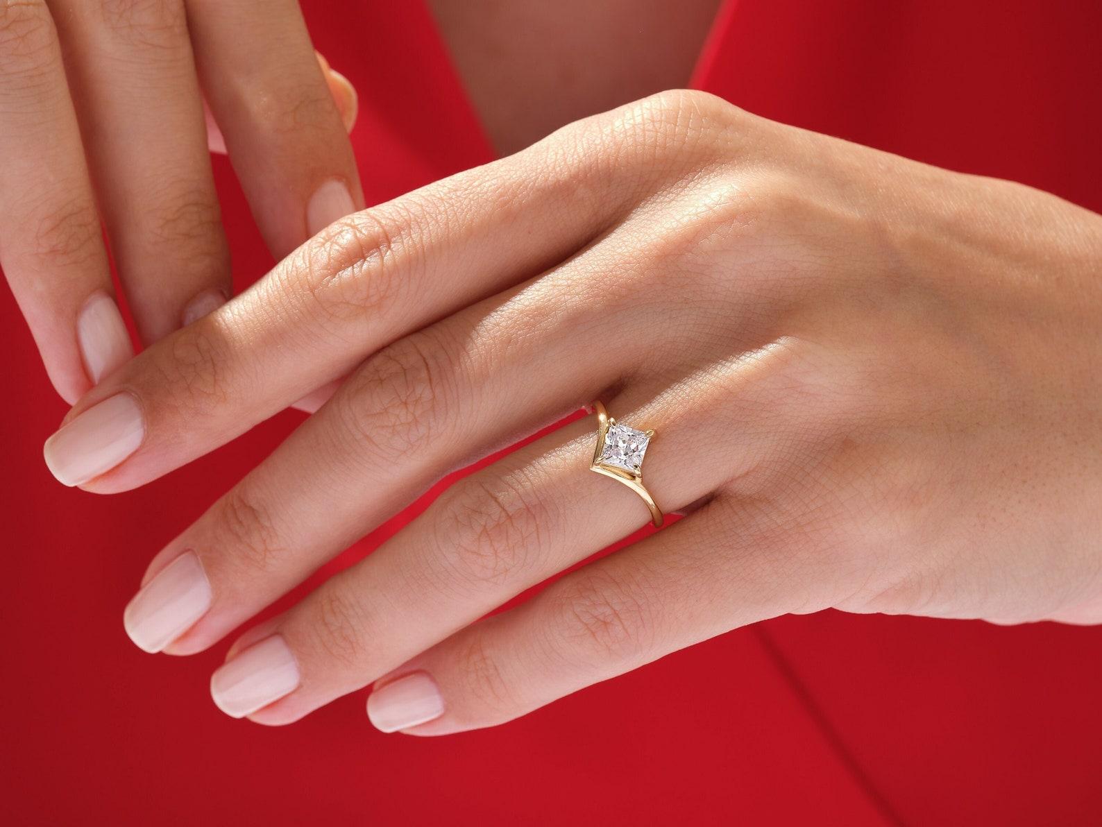 14k Yellow gold 1.00 CT Solitaire Princess Cut Moissanite Ring  Gift For Her. For Sale 2