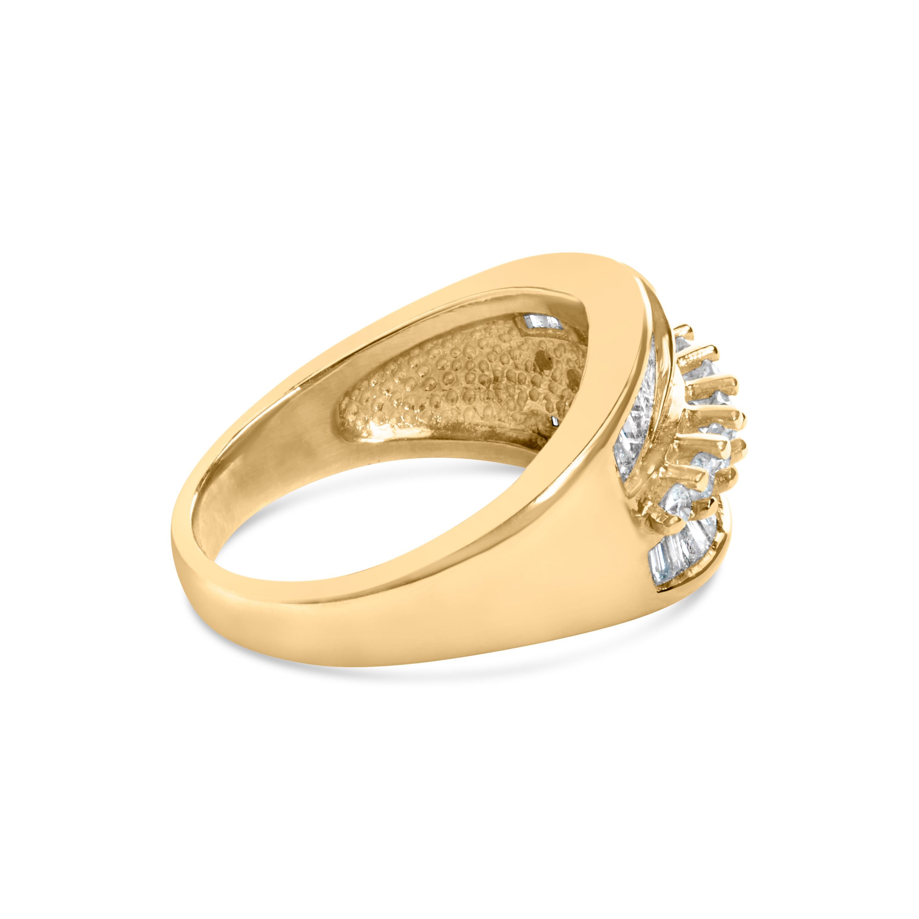 Radiating timeless elegance, this luxurious 14K Yellow Gold Ring captivates with its enchanting array of natural diamonds, amassing a full carat weight. Intertwining the classic allure of round and the contemporary charm of baguette-cut gems, it