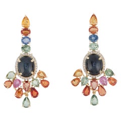 14K Yellow Gold 10.29ctw Multi-Color Sapphire & Diamond Drop Earclips