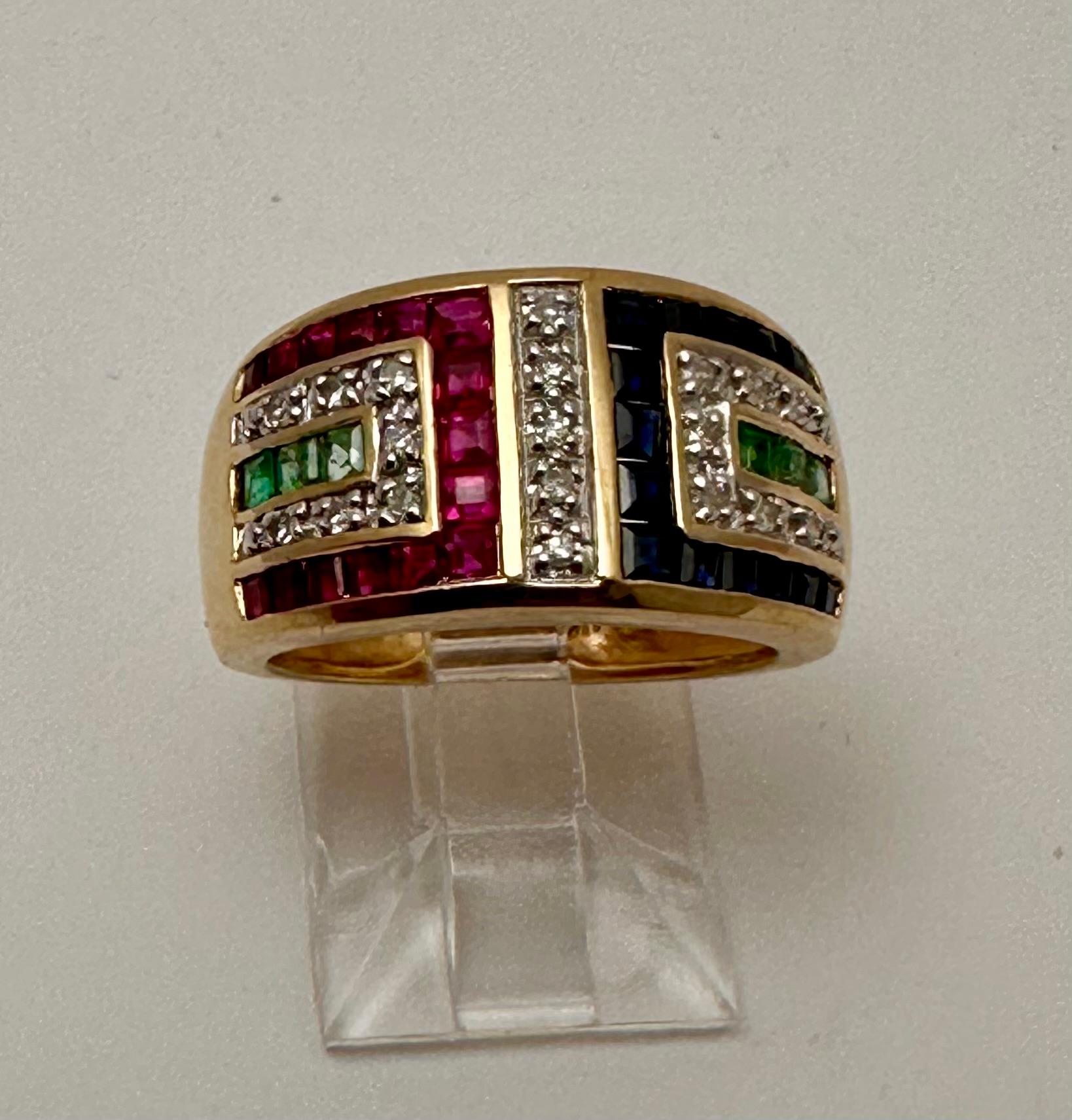 Modern 14k Yellow Gold 10.5 mm Wide Ruby Sapphire Diamond Emerald Ring Size 10 For Sale