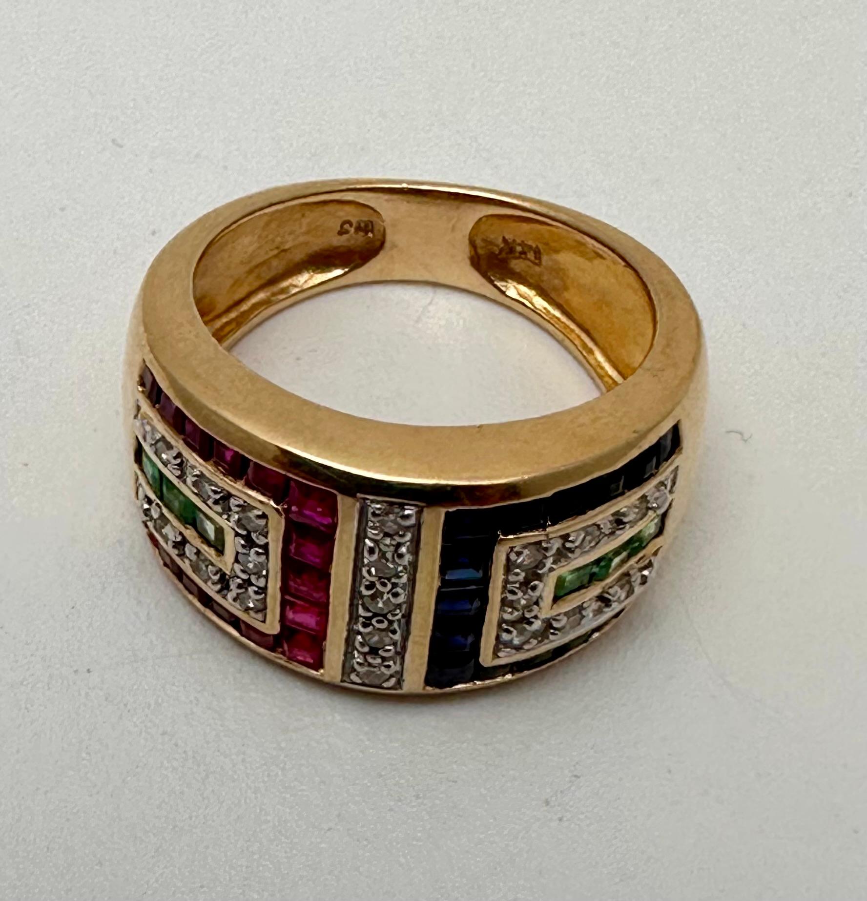 14k Gelbgold 10,5 mm breiter Rubin Saphir Diamant Smaragd Ring Größe 10 für Damen oder Herren im Angebot