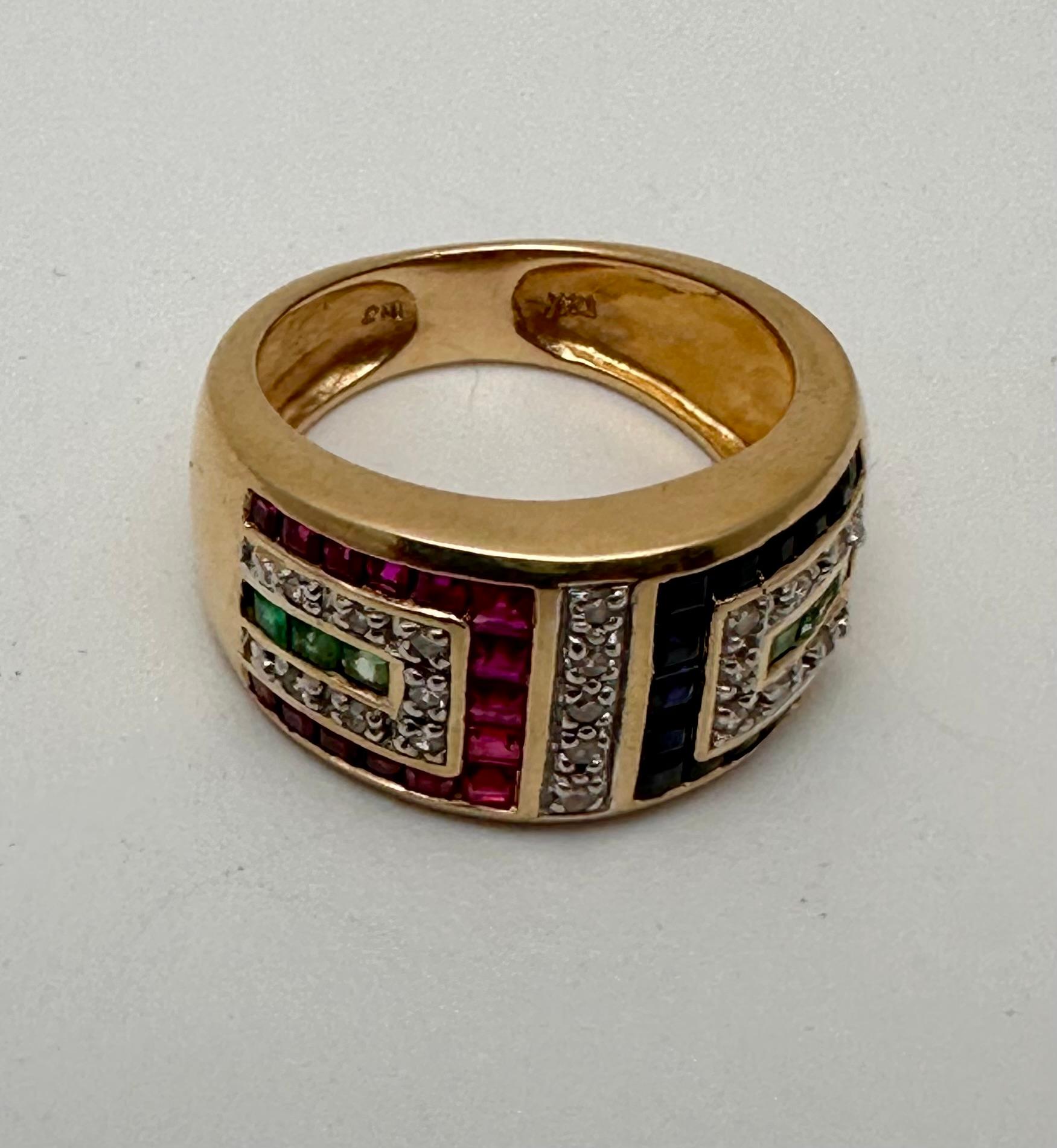 14k Gelbgold 10,5 mm breiter Rubin Saphir Diamant Smaragd Ring Größe 10 im Angebot 1