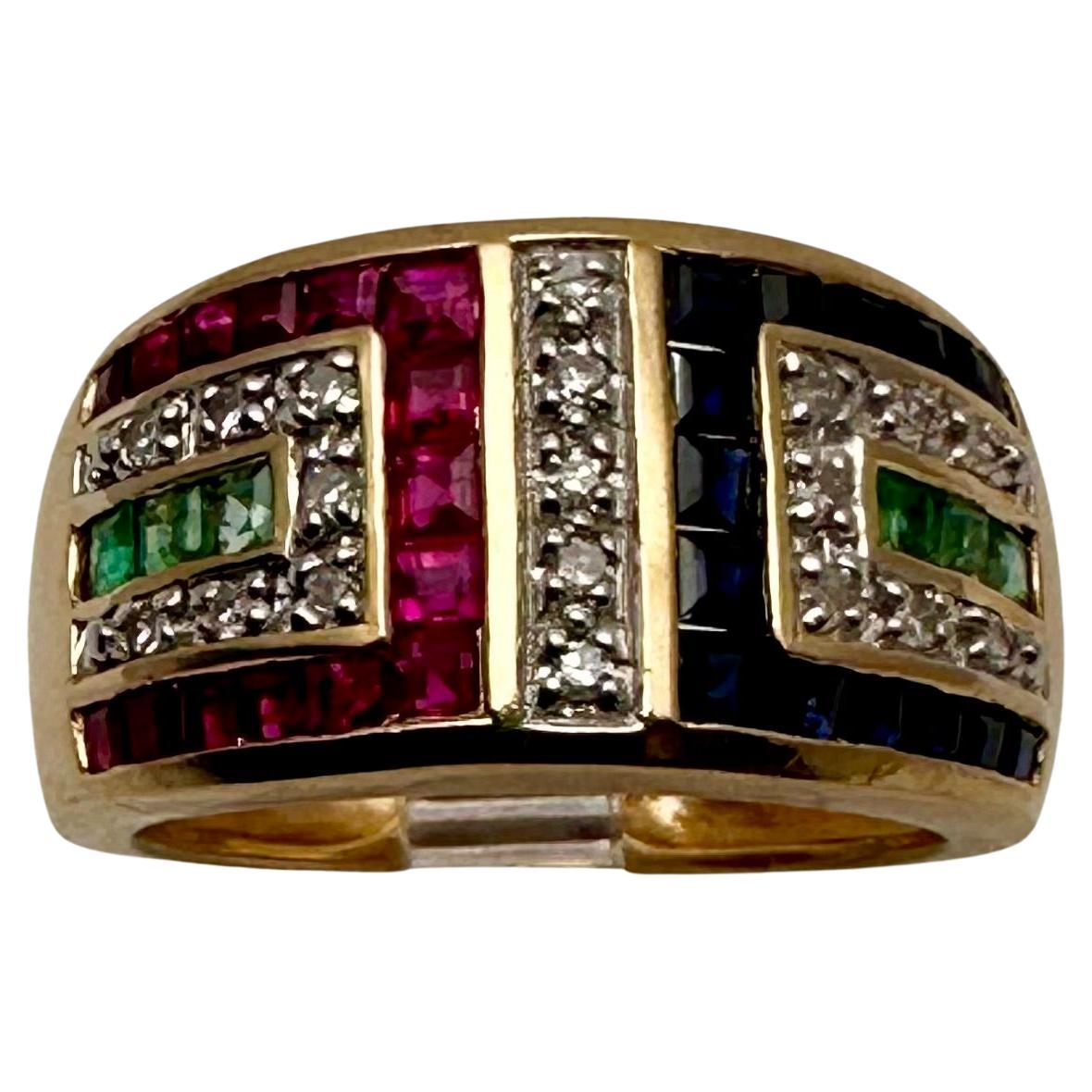 14k Gelbgold 10,5 mm breiter Rubin Saphir Diamant Smaragd Ring Größe 10 im Angebot