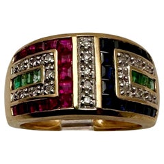 Retro 14k Yellow Gold 10.5 mm Wide Ruby Sapphire Diamond Emerald Ring Size 10