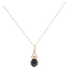 14K Yellow Gold 10.56ctw Oval Cabochon Blue Sapphire & Diamond Pendant Necklace