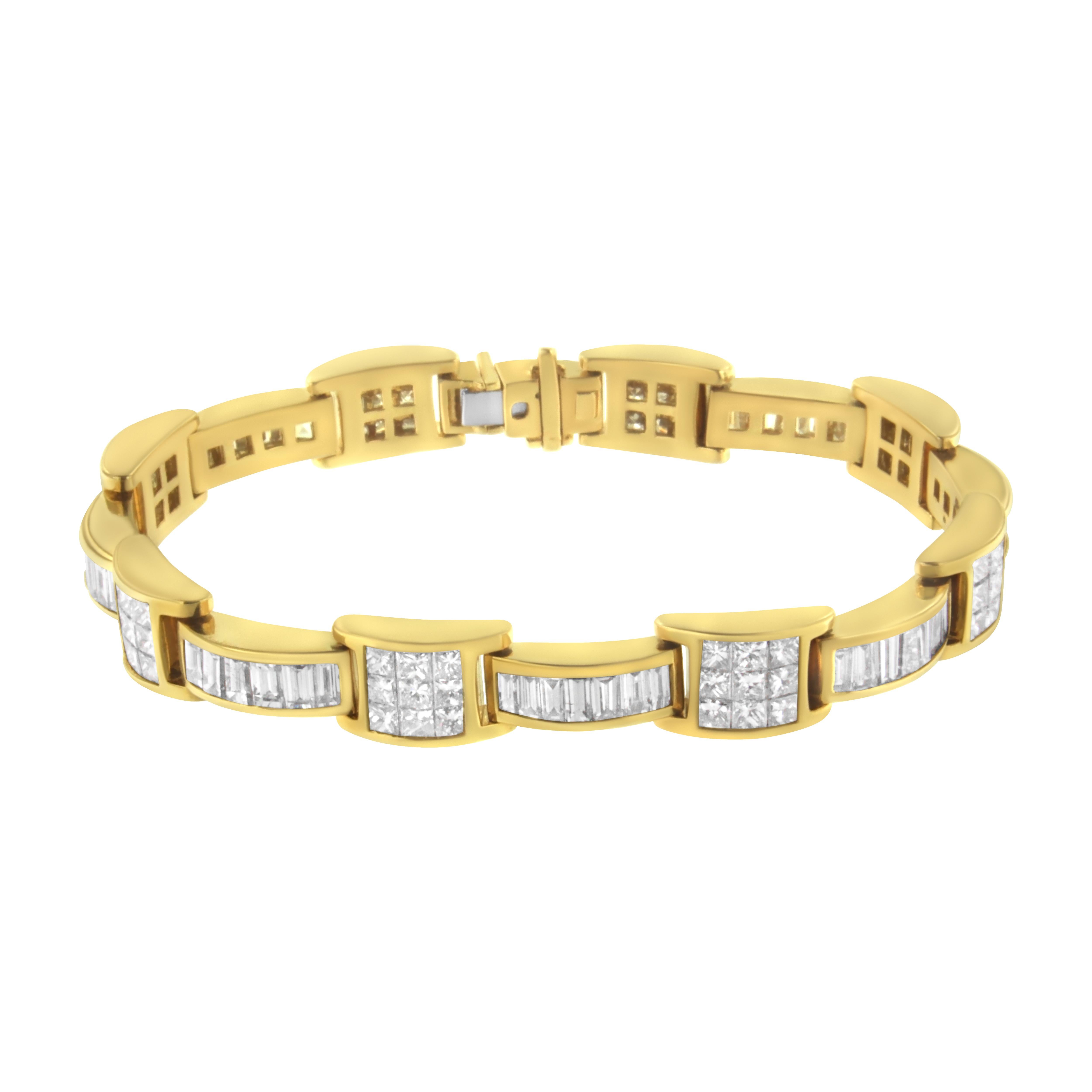 A glossy 14 karat yellow gold band is the perfect backdrop for over 10 carats of princess cut and baguette cut diamonds, linked together in two distinctive geometric shapes. This piece is equally as stunning when worn for a special occasion or every