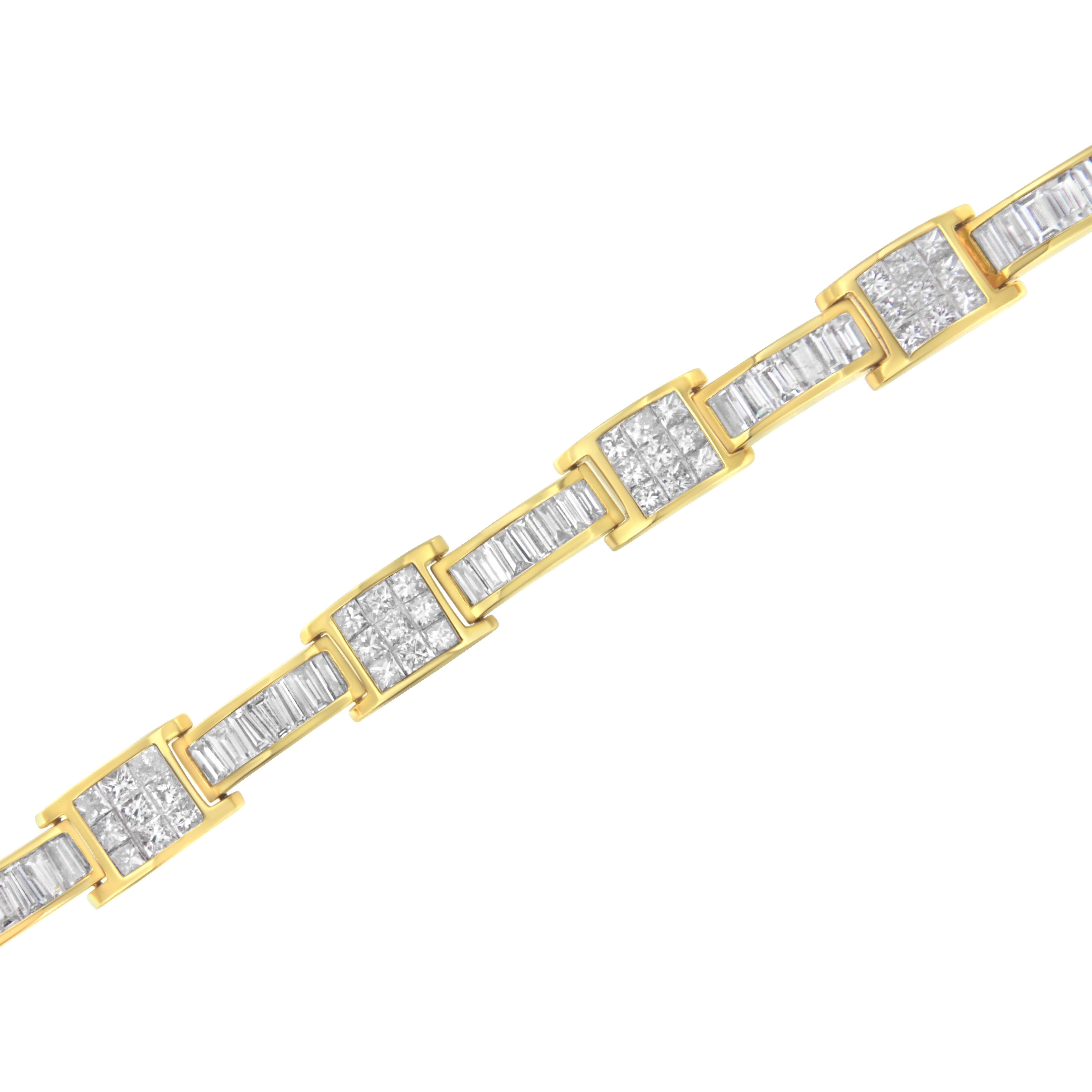 Baguette Cut 14k Yellow Gold 10.75 Carat Princess and Baguette-Cut Diamond Box-Link Bracelet For Sale