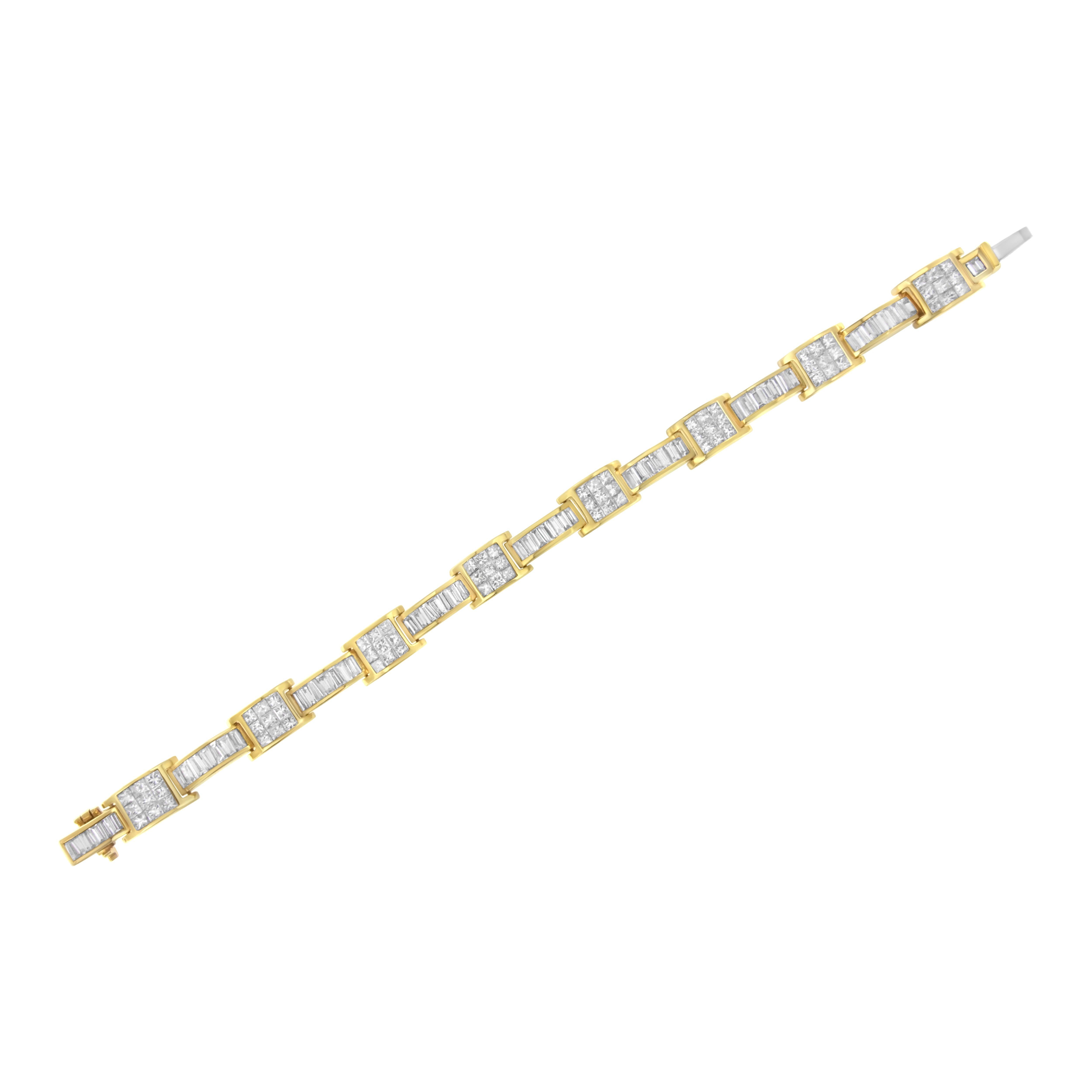 14k Yellow Gold 10.75 Carat Princess and Baguette-Cut Diamond Box-Link Bracelet In New Condition For Sale In New York, NY