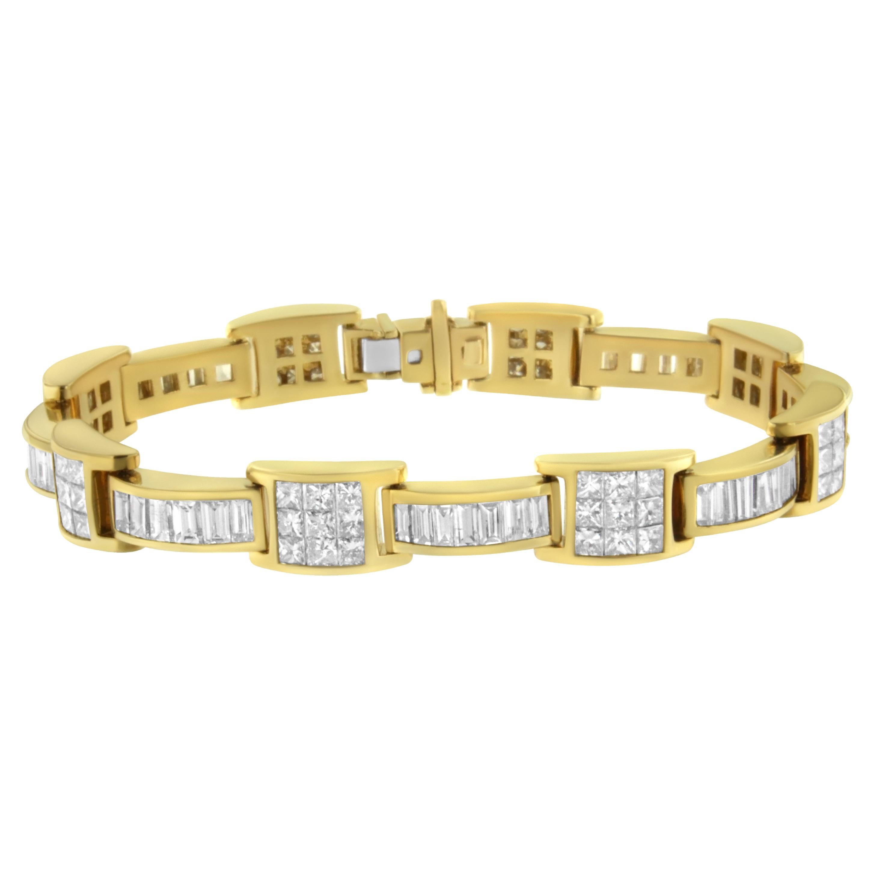 14k Yellow Gold 10.75 Carat Princess and Baguette-Cut Diamond Box-Link Bracelet For Sale