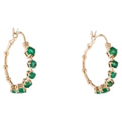 14K Yellow Gold 1.07ctw Emerald Hoop Earrings  Round Brilliant Emerald