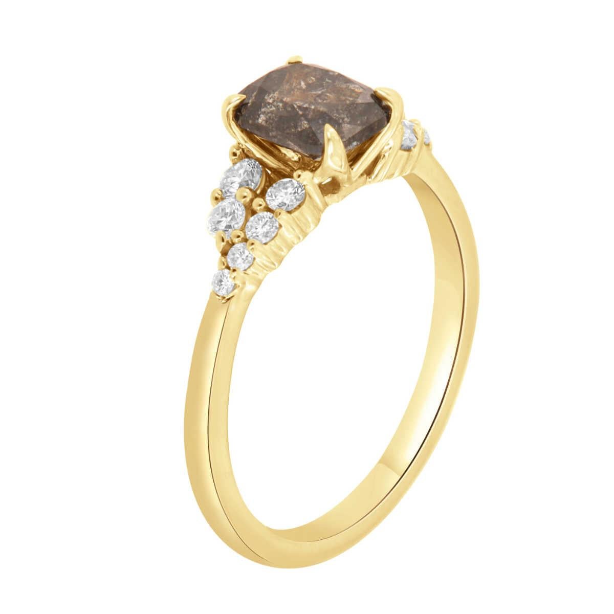 This 14k yellow gold organic & rustic style ring contains approximately Eight (8) Round diamonds with a total weight of 0.32 Carat. The round diamonds are G in color and Si1 in clarity, In the center of this petite Earthy style ring is set in four