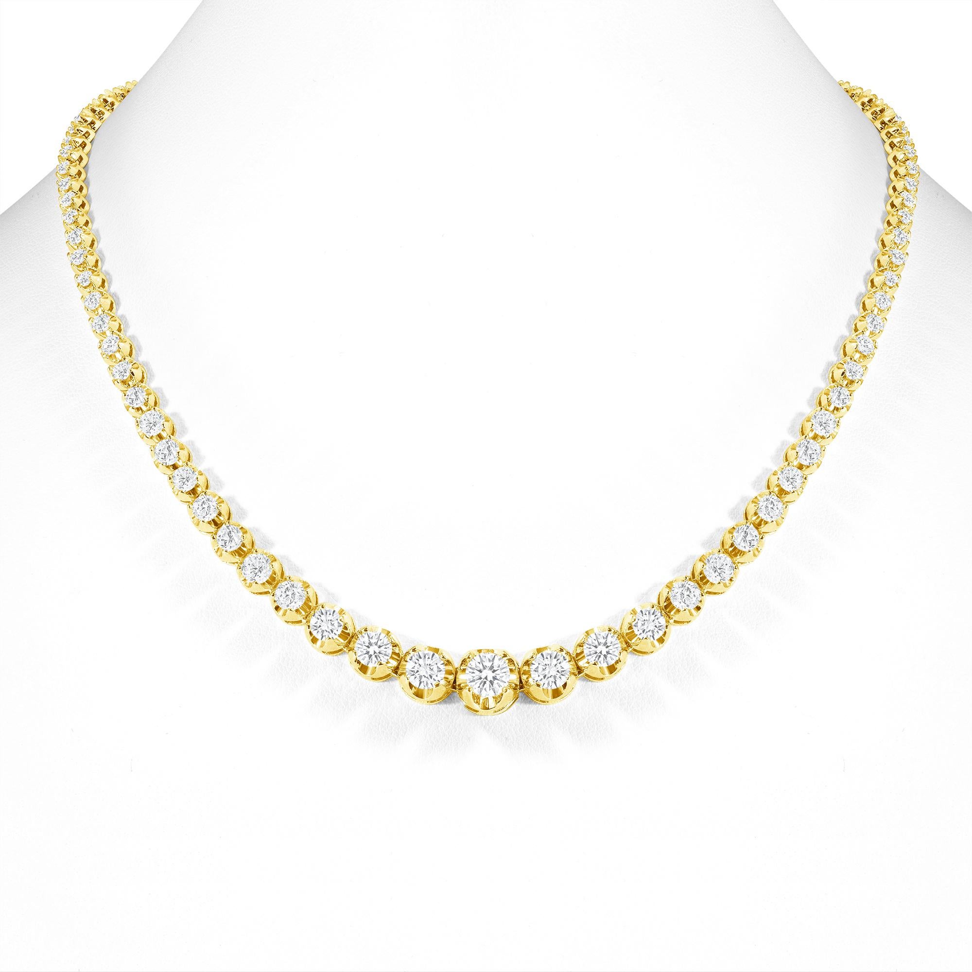 Ce collier gradué finement réalisé avec de beaux diamants ronds se pose avec élégance sur n'importe quel cou. 

Métal : Or 14k
Taille du diamant : Ronde
Total des diamants approx. Carats :  10ct
Clarté du diamant : VS
Couleur du diamant : F-G
Taille