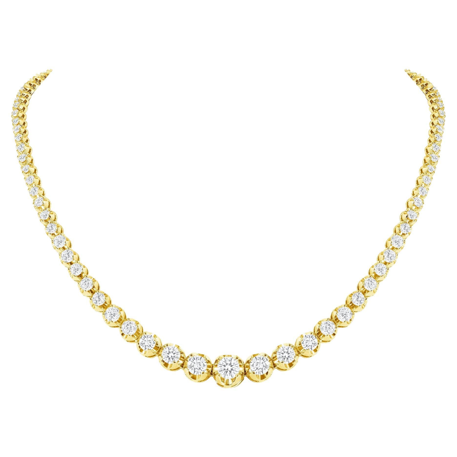 Collier tennis en or jaune 14 carats avec diamants gradués de 10 carats, sertissage à l'illusion en vente