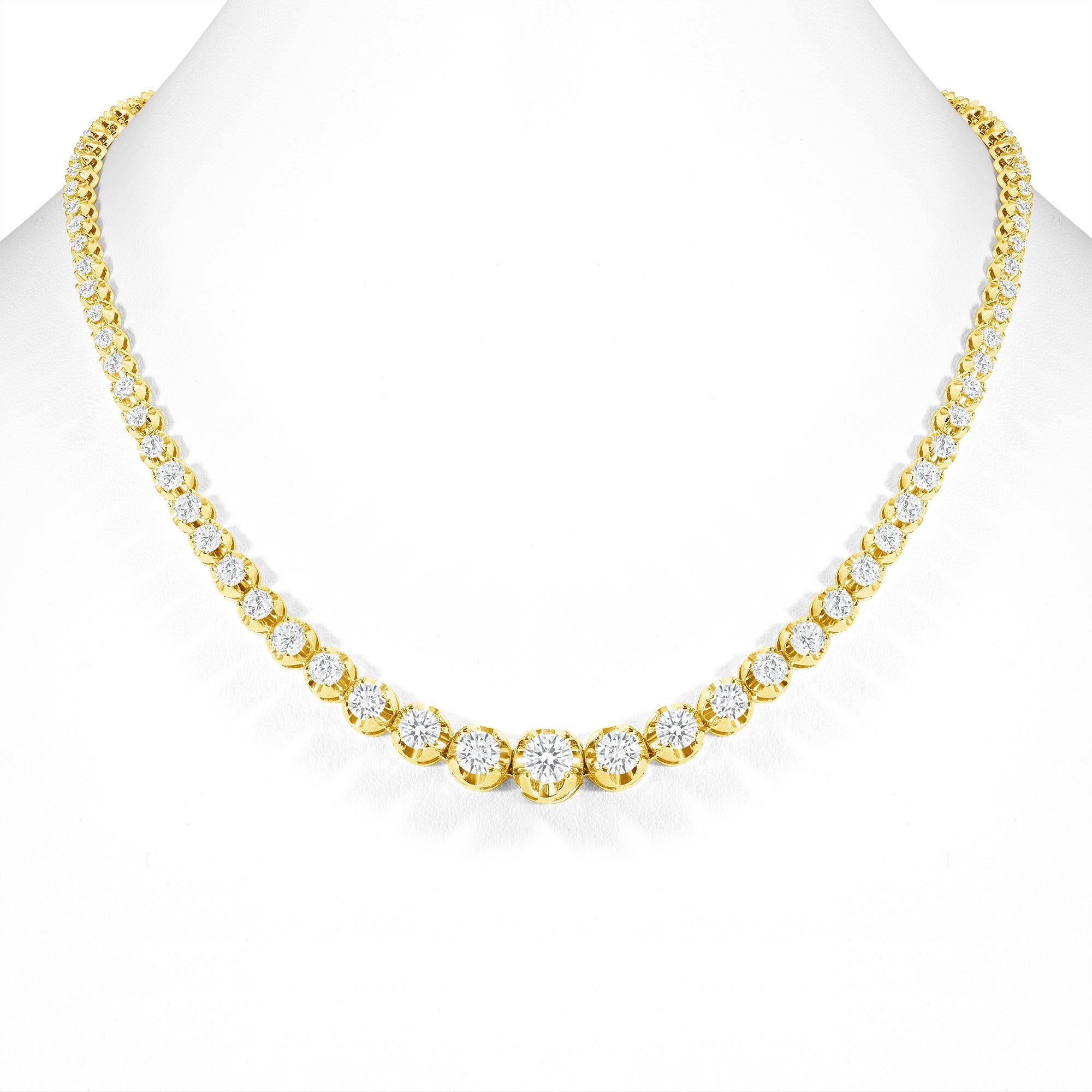 This finely made graduated necklace with beautiful round diamonds sits elegantly on any neck. 

Metal: 14k Gold
Diamond Cut: Round
Total Diamond Approx. Carats:  10ct
Diamond Clarity: VS
Diamond Color: F-G
Size: 18 inches
Color: Yellow Gold
Included
