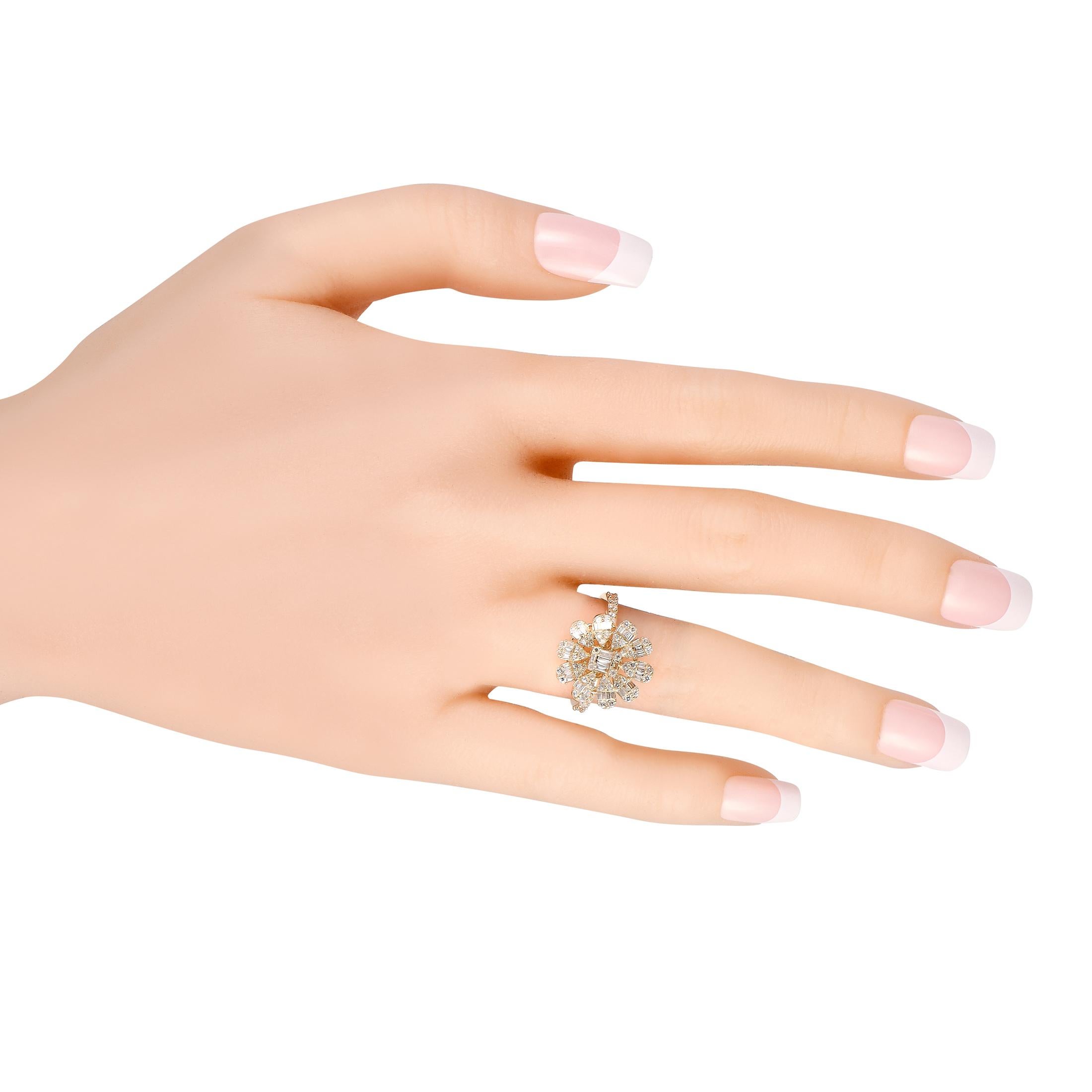 Round Cut 14K Yellow Gold 1.0ct Diamond Flower Ring