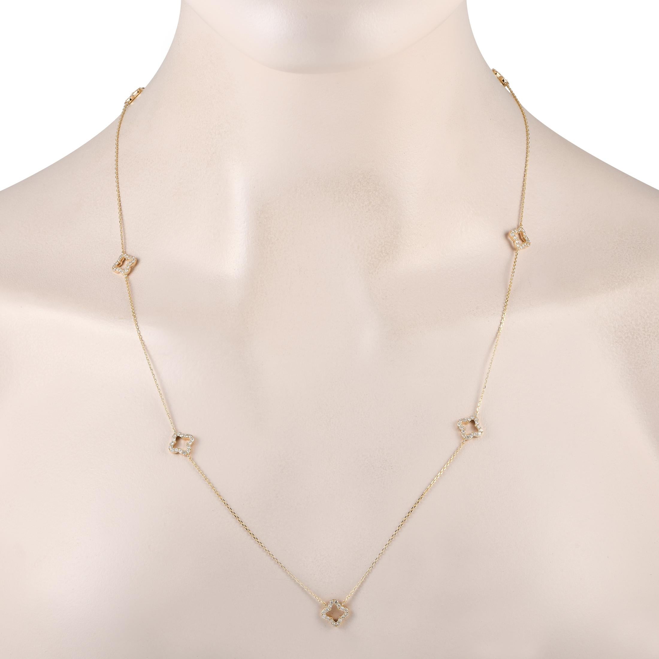 Effortlessly and confidently elevate your style with this diamond station necklace. It features a golden chain with diamond-studded quatrefoil motifs set at evenly-spaced stations or points of the chain. The delicate silhouette and relaxed style of