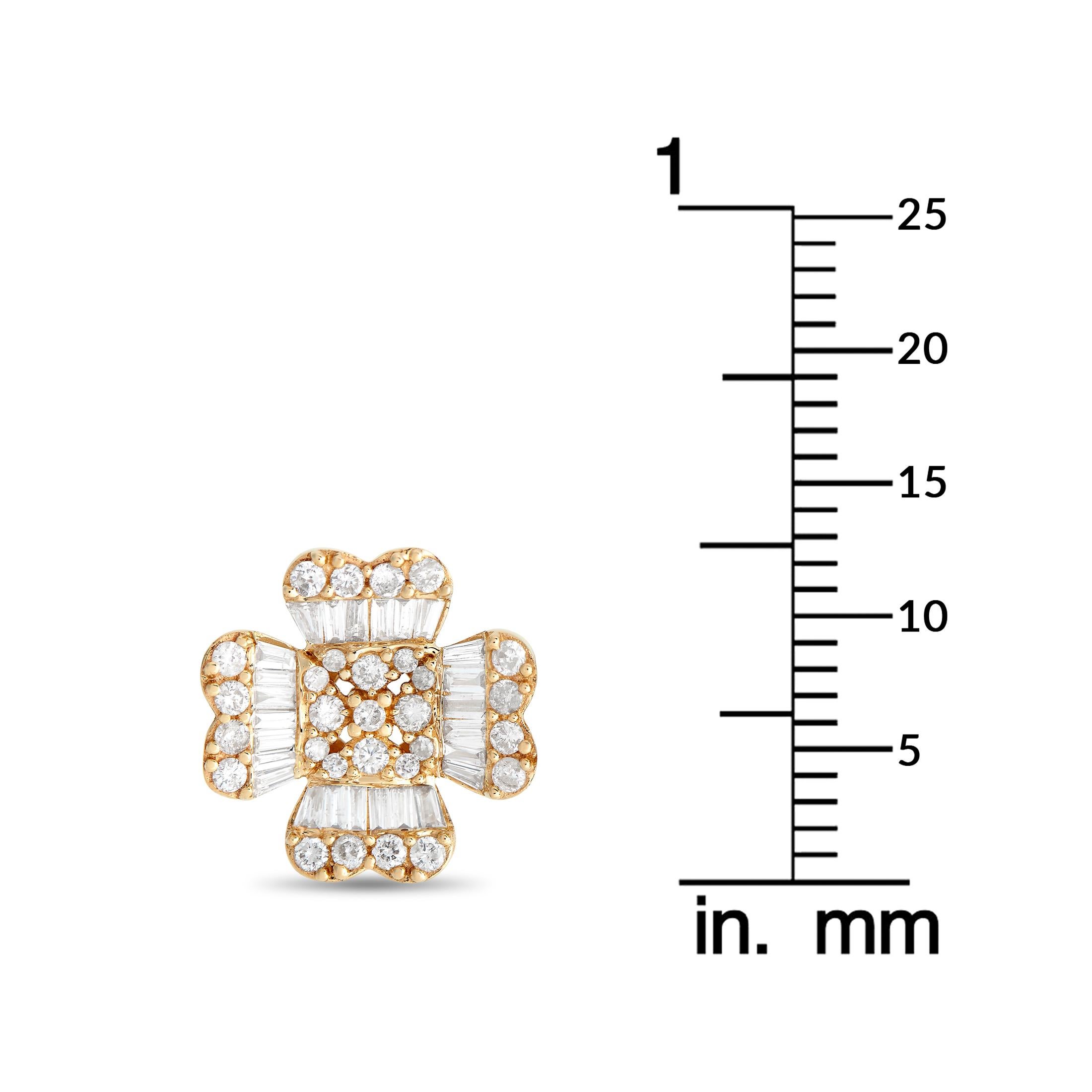 Mixed Cut 14K Yellow Gold 1.0ct Diamond Round and Baguette Flower Earrings