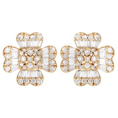 14K Yellow Gold 1.0ct Diamond Round and Baguette Flower Earrings