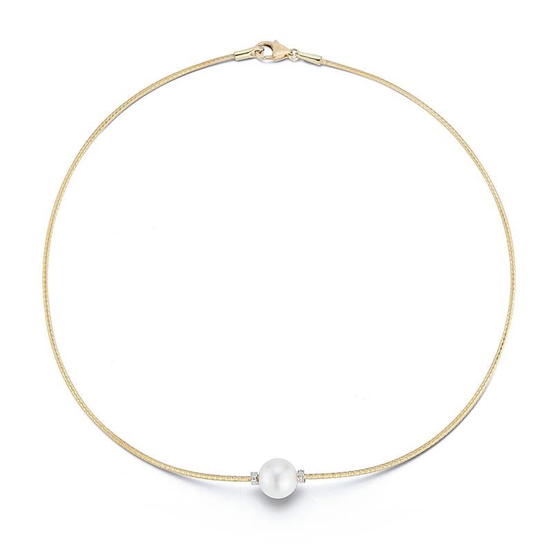 14 Karat Yellow Gold Hand-Crafted 10mm White Fresh-Water Pearl Mesh Necklace, Accented with 0.03 Carats of Pave Set Diamonds 
