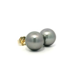 14k Yellow Gold 10mm Gray Tahitian Pearl Elegant Stud Earrings