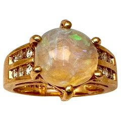14k Yellow Gold 10mm Round Australian Opal 12 Diamond Ring Size 7