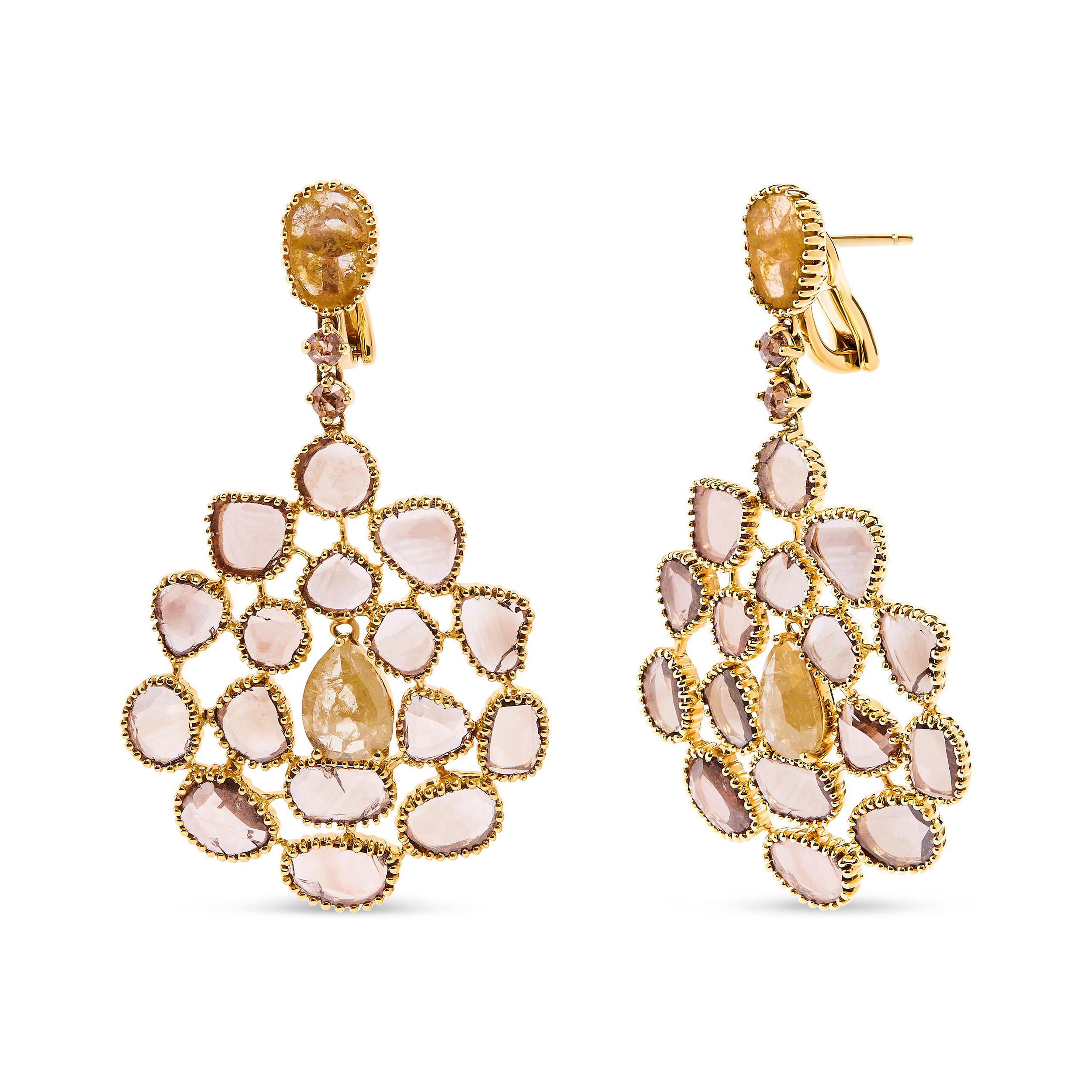Introducing a mesmerizing masterpiece, these 14K Yellow Gold Chandelier Style Dangle Earrings are a true testament to elegance and grace. Adorned with a breathtaking total weight of 11 1/5 carats, these earrings feature 40 natural, fancy color