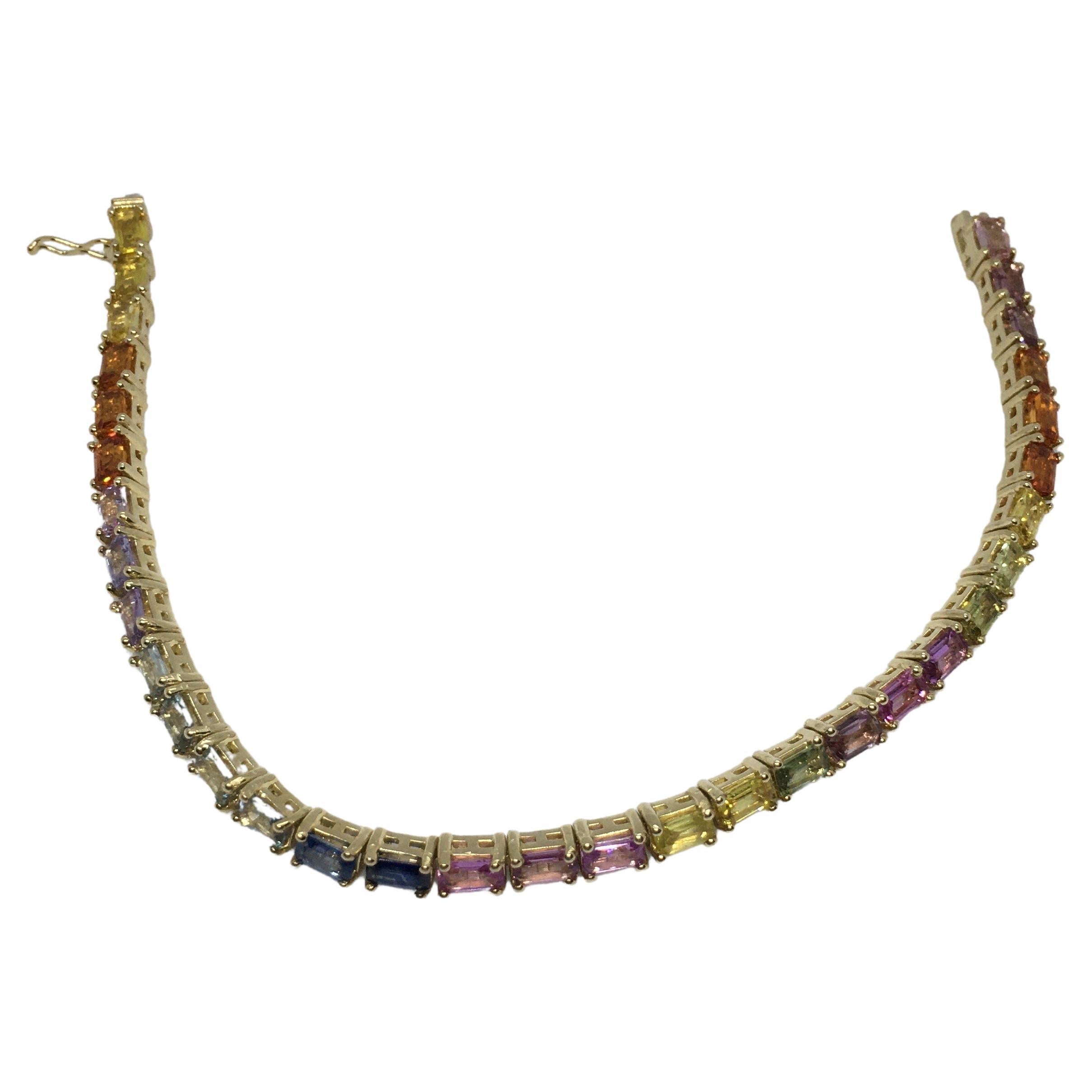 14k Yellow Gold 11 Carat Total Natural Sapphire Rainbow Colors Tennis Bracelet For Sale