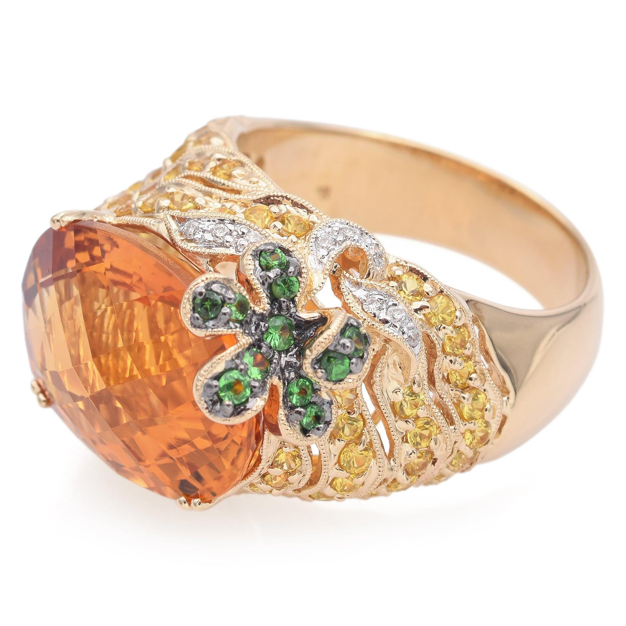 Bague ovale en or jaune 14 carats citrine, topaze, grenat et diamant Pour femmes en vente