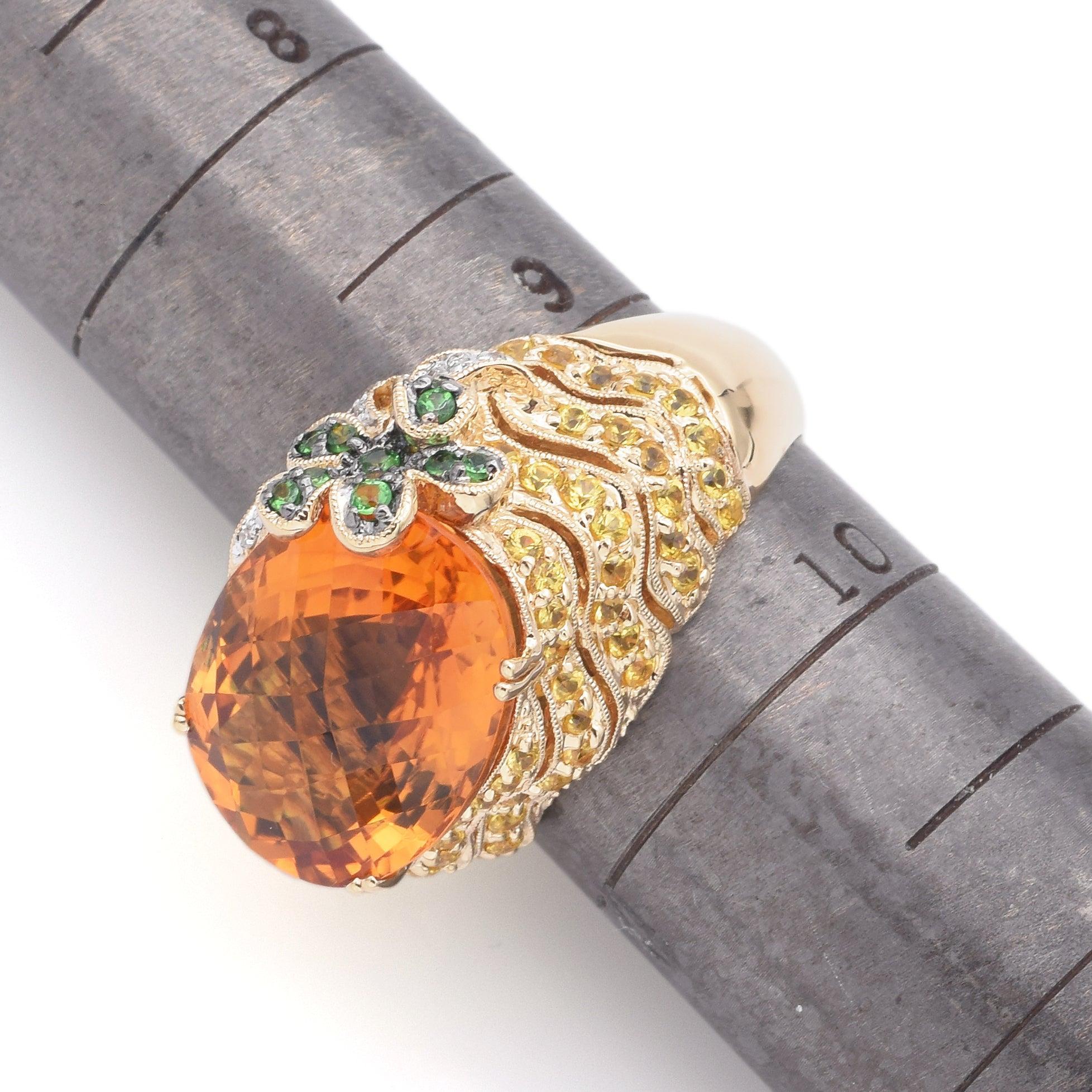 Bague ovale en or jaune 14 carats citrine, topaze, grenat et diamant en vente 2