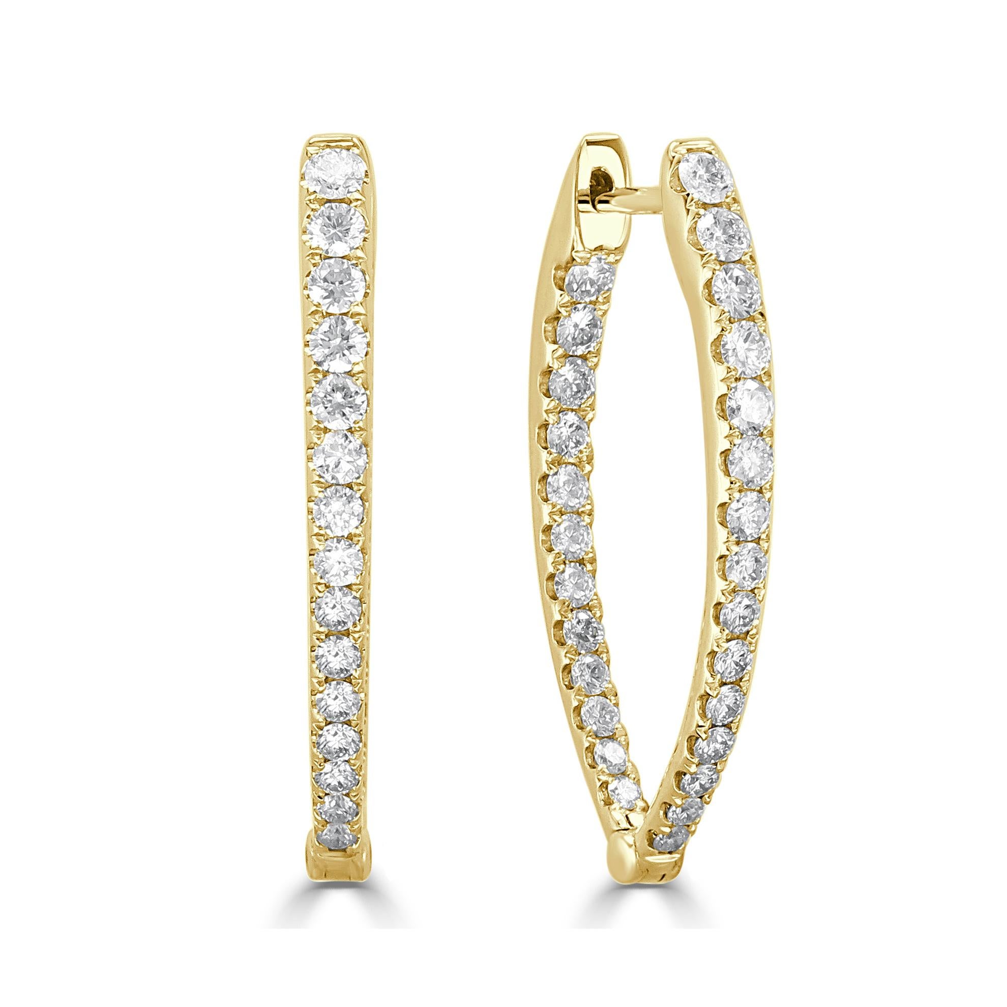 Baguette Cut 14K Yellow Gold 1.10ct Diamond Inside Out Oval Hoop Earrings for Her For Sale