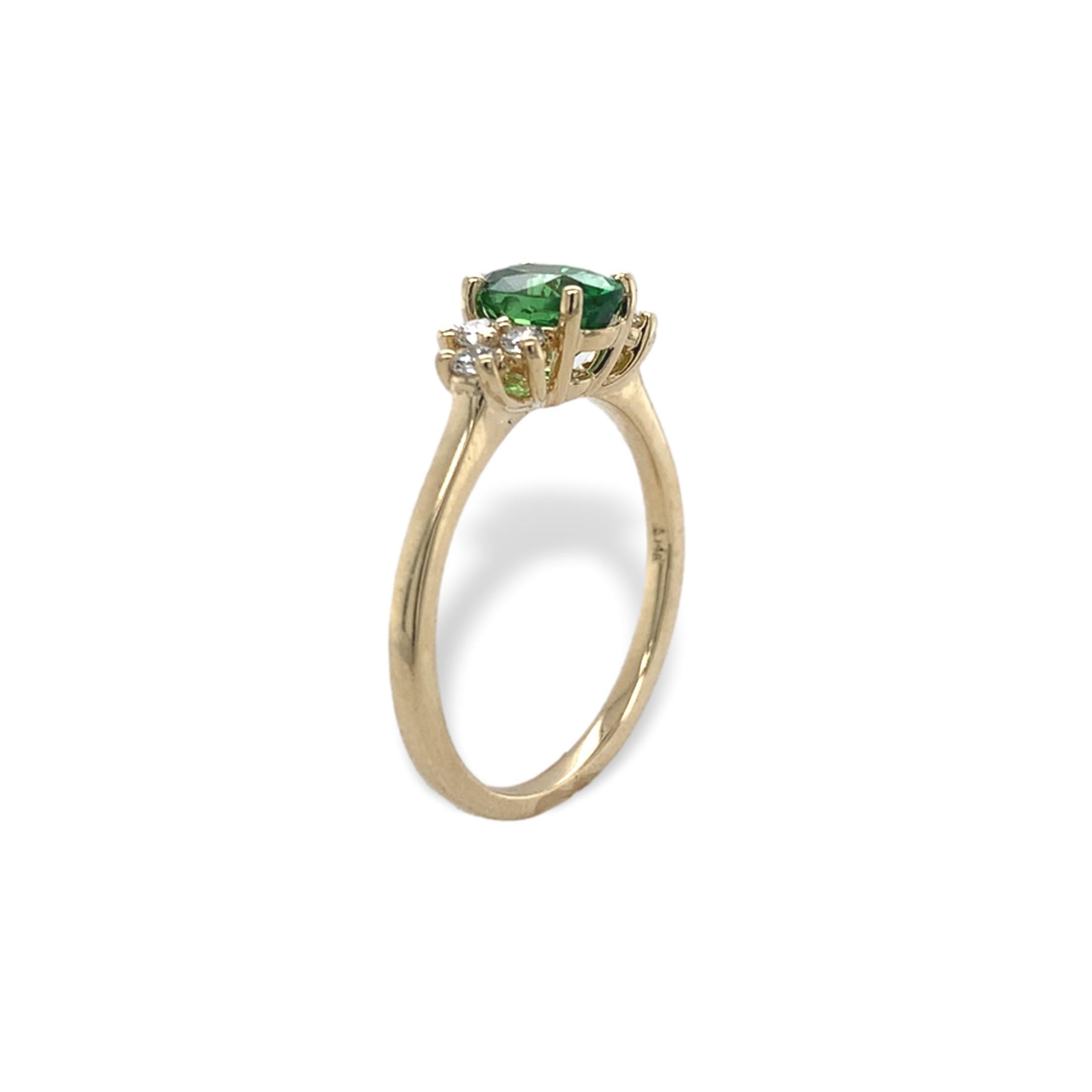 Oval Cut 14K Yellow Gold 1.11ct Tsavorite Green Garnet and .14ct Diamond Ring size 6.75 For Sale