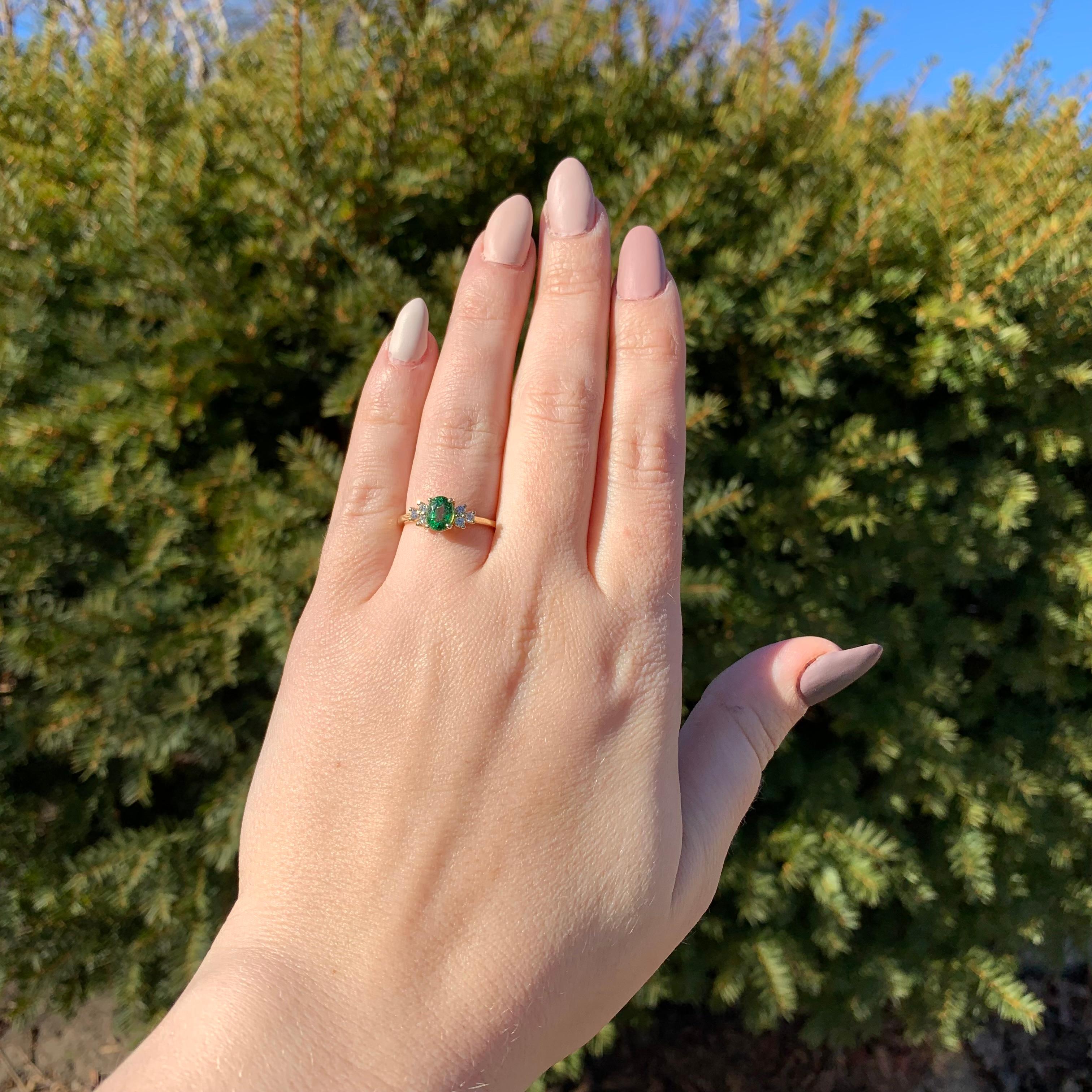 14K Yellow Gold 1.11ct Tsavorite Green Garnet and .14ct Diamond Ring size 6.75 For Sale 1