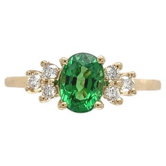 14K Yellow Gold 1.11ct Tsavorite Green Garnet and .14ct Diamond Ring size 6.75