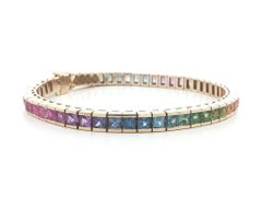 14k Yellow Gold 11.35ct Multi Color Rainbow Square Sapphire Line Tennis Bracelet