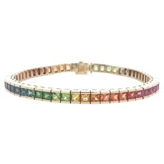 14k Yellow Gold 11.35ct Multi Color Rainbow Square Sapphire Line Tennis Bracelet