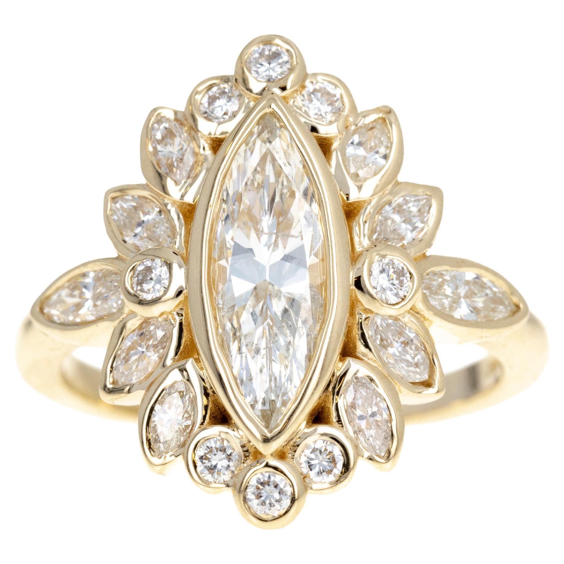 14K Yellow Gold 1.15 Carat Marquise Diamond Bezel Cluster Ring