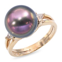 14k Yellow Gold 11.52mm Tahitian Pearl and Diamond Ring
