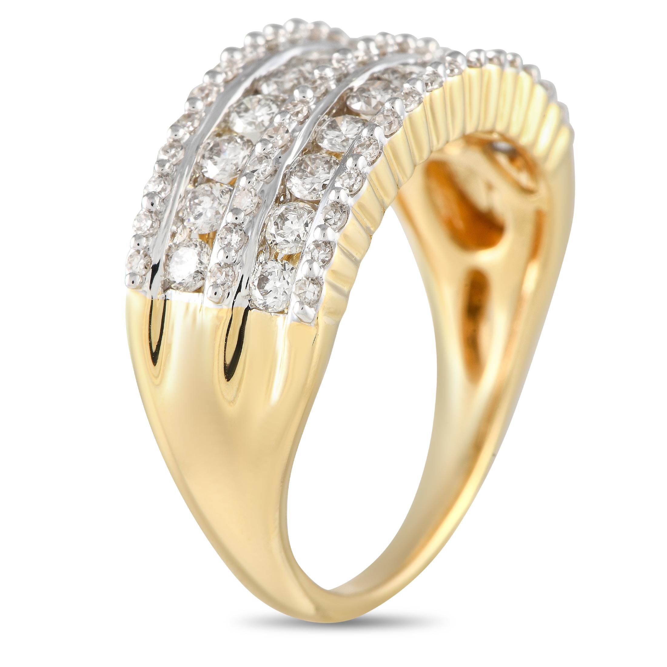 This diamond ring makes a stylish, sophisticated, and sturdy option for someone who leads an active lifestyle. Best for those who do a lot of work with their hands, this 14K yellow gold ring features a 3mm band with two rows of flush-set diamonds in