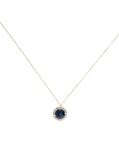 14K Yellow Gold 1.15ct Round Brilliant Sapphire & 0.12ct Diamond Pendant Necklac