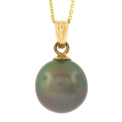 14K Yellow Gold 11.5mm Tahitian Gray Pearl Solitaire Pendant 18" Chain Necklace