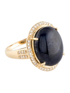 14K Yellow Gold 11.69ct Oval Cabochon Sapphire & Diamond Cocktail Ring Size 6.5