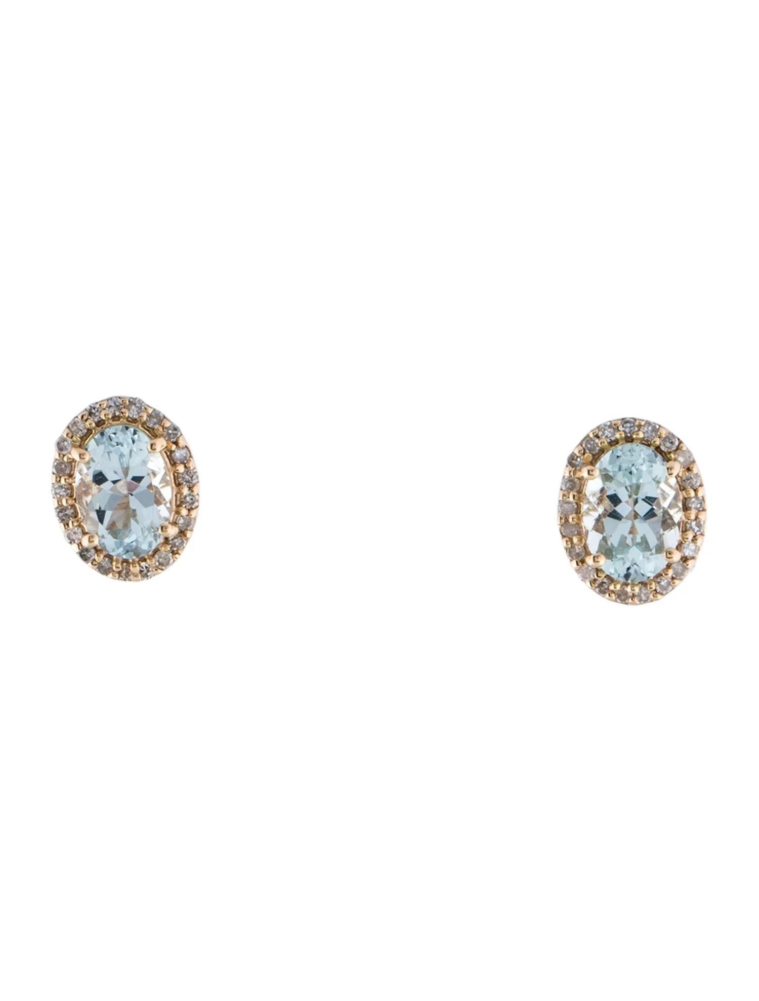 Oval Cut 14K Yellow Gold 1.18ctw Aquamarine & 0.18ctw Diamond Stud Earrings