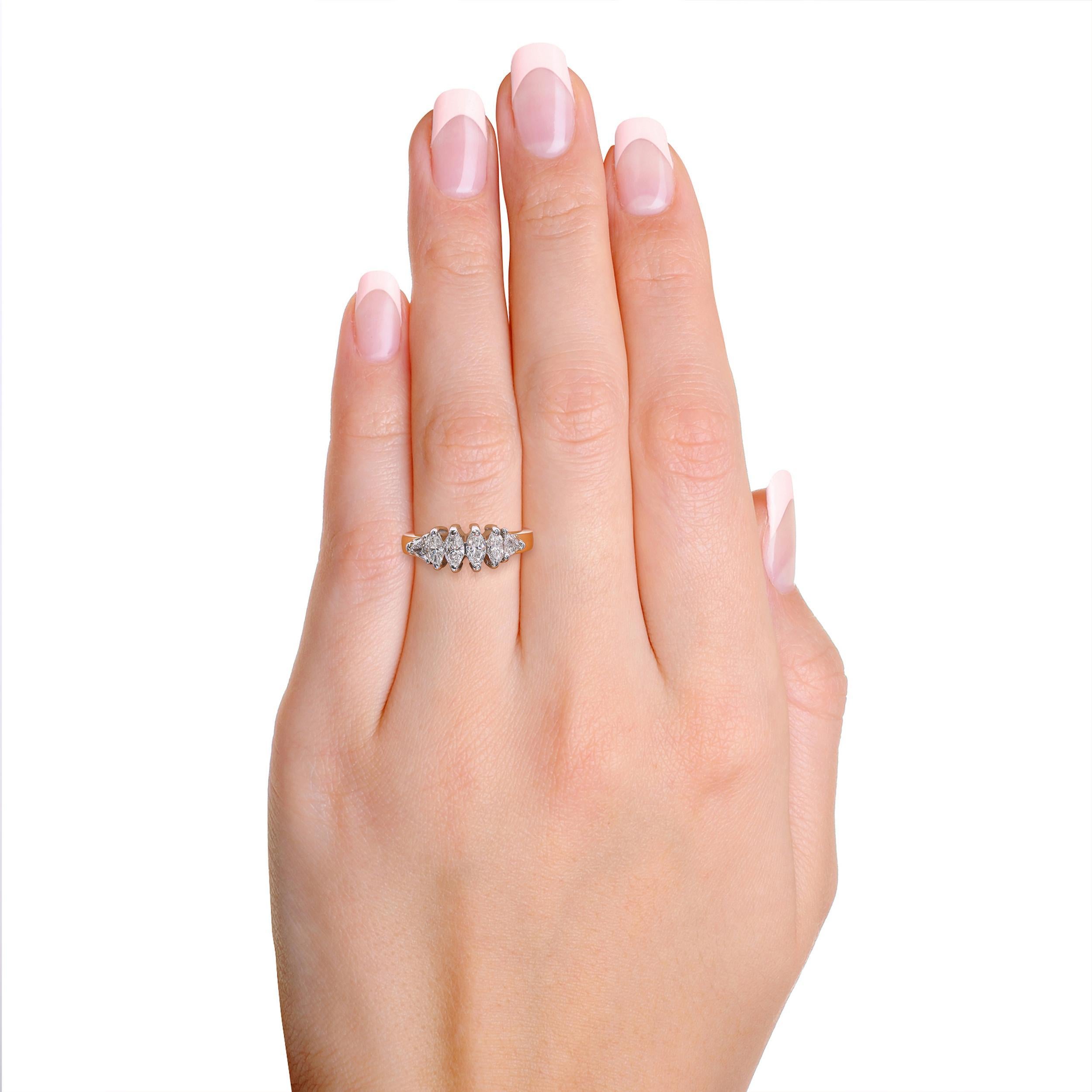 Taille Marquise Bague à 6 pierres en or jaune 14k avec diamant marquise 1,1tcw en vente