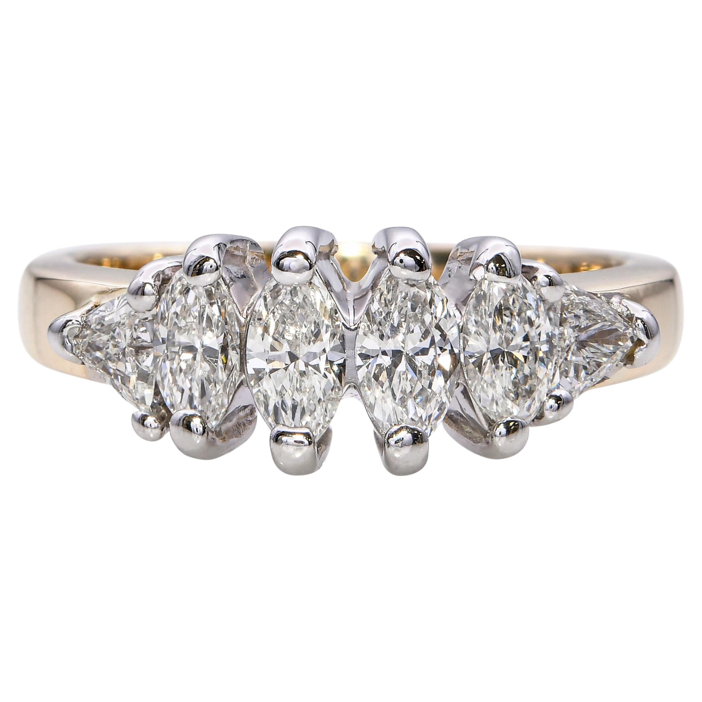 Bague à 6 pierres en or jaune 14k avec diamant marquise 1,1tcw