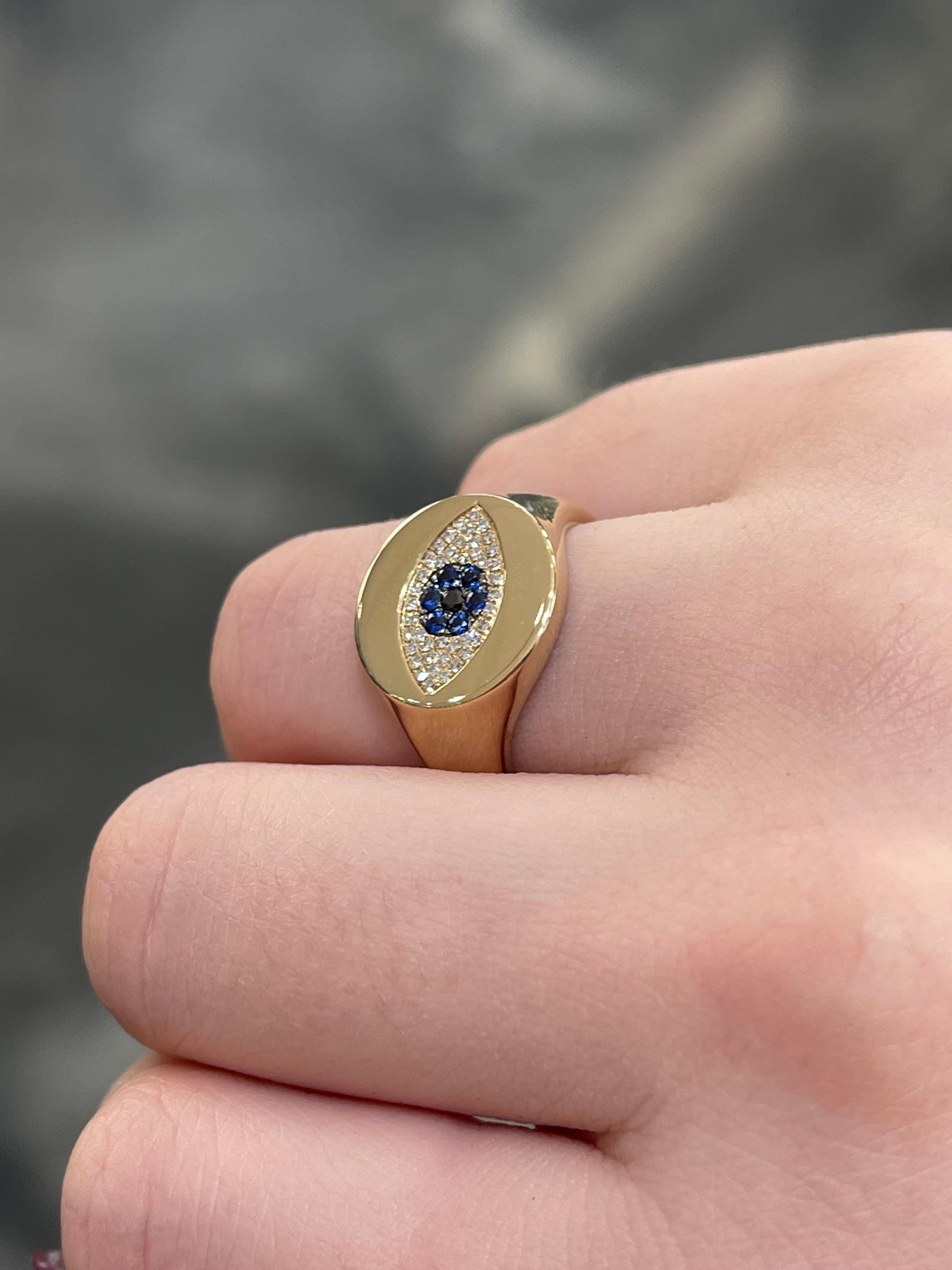 14K Yellow Gold .12 CTW Diamond and .08 CTW Sapphire Evil Eye Ring In New Condition For Sale In Stuart, FL