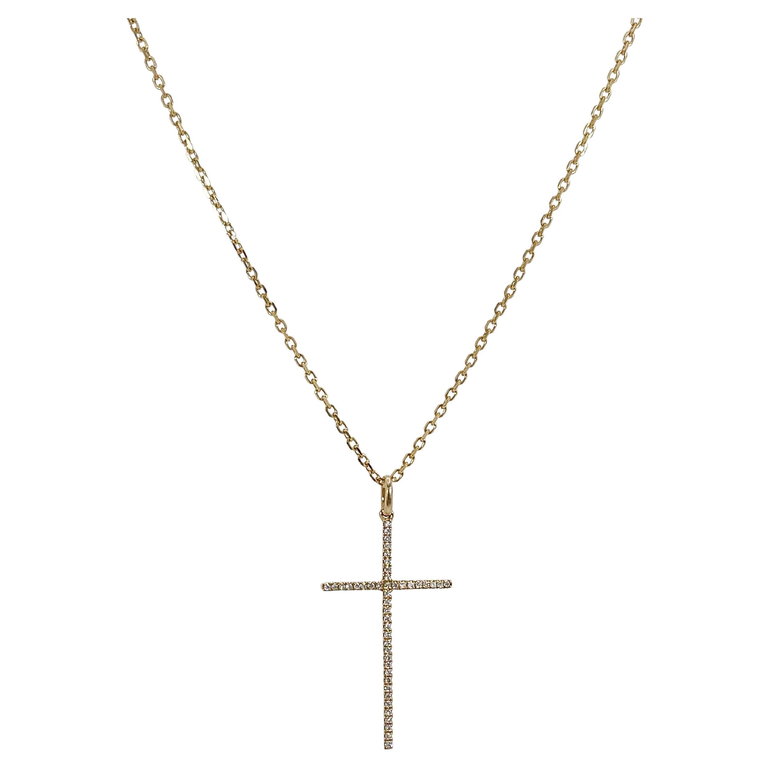 14K Yellow Gold .12 CTW Diamond Cross Necklace For Sale