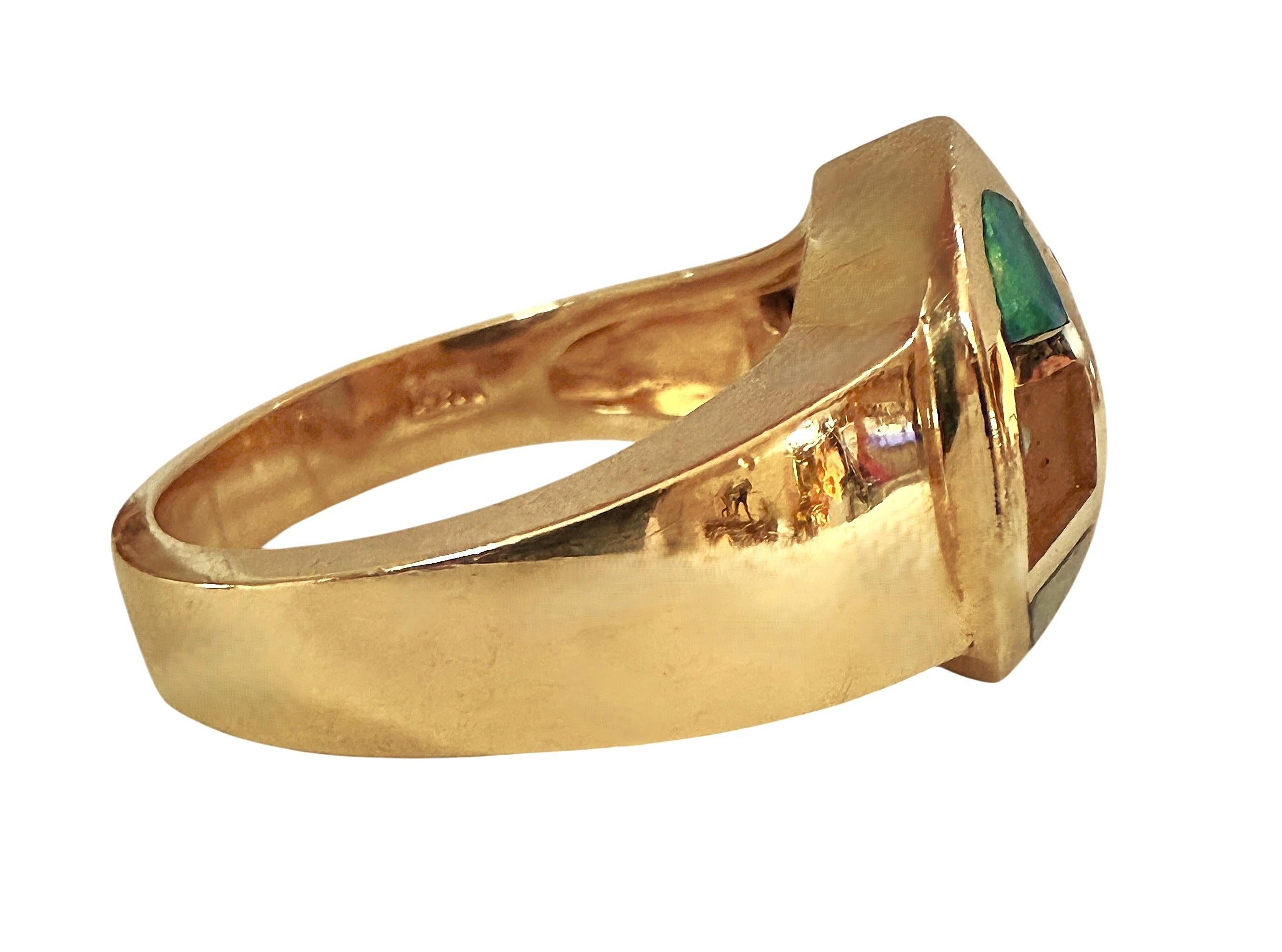 14k Yellow Gold 1.20 Trillion Cut Tanzanite, Diamond & Opal Ring Size 6.75 For Sale 4